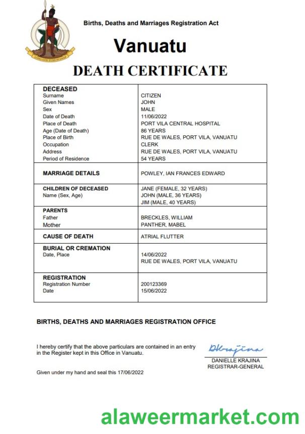 Vanuatu death certificate Word and PDF template